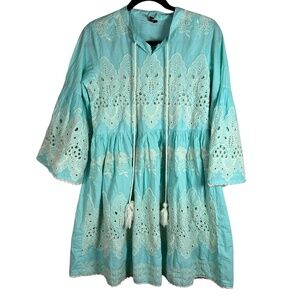 Ishin Women's Cotton Sea Green Schiffli Embroidered A-Line Dress Size Medium